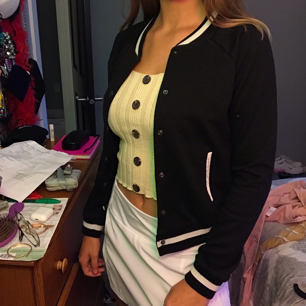BLACK AND WHITE STRIPED VARSITY JACKET